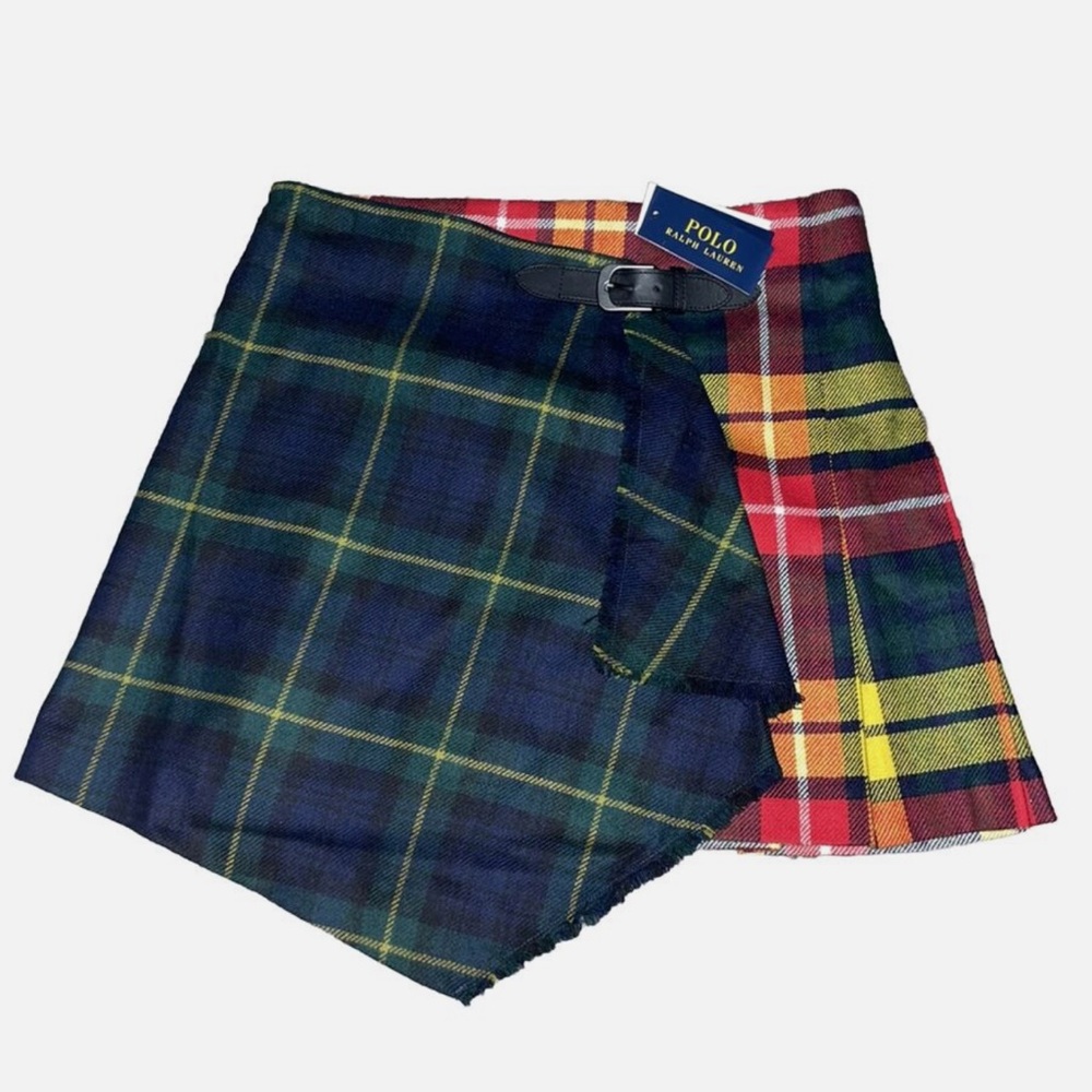 Polo Ralph Lauren Lambswool Plaid Pleated Kilt Leather Buckle Mini Skirt